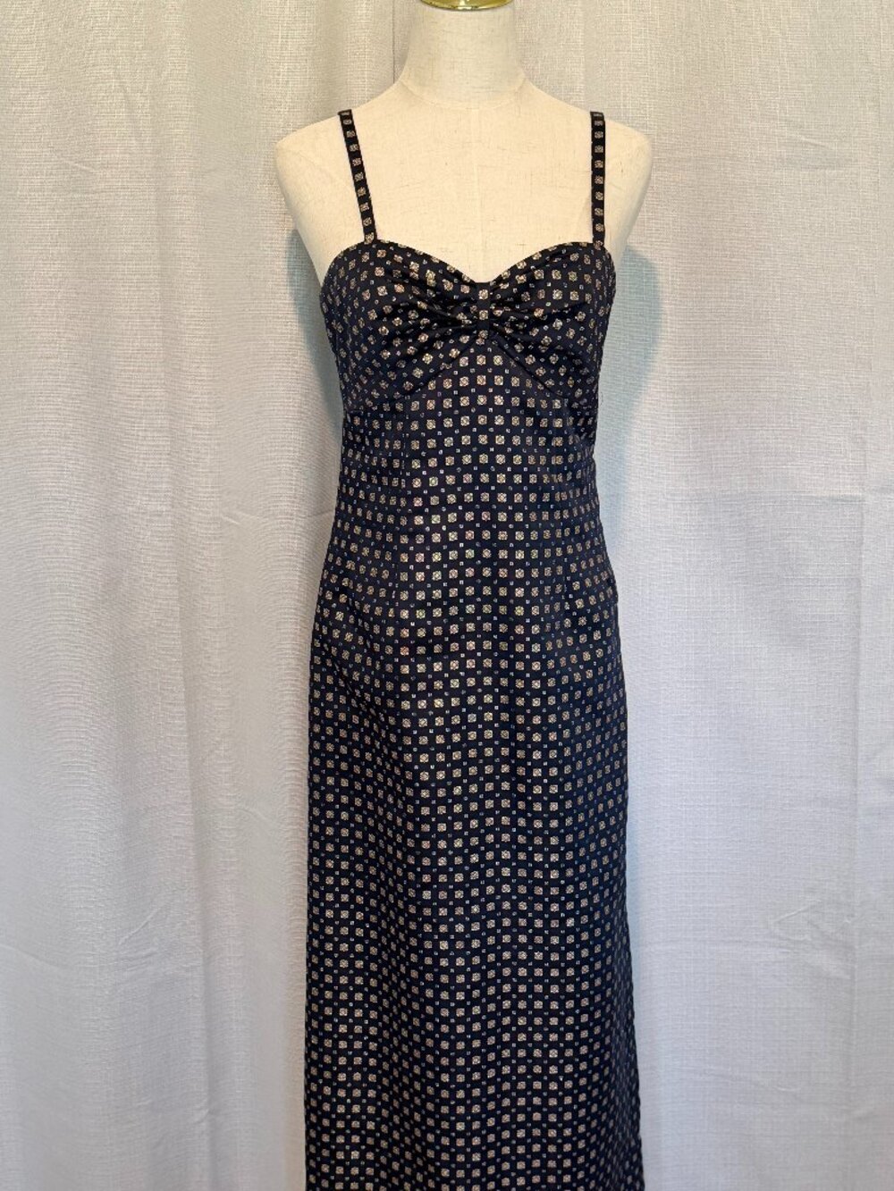 I. Magnin Vintage Navy Gold Brocade Maxi Dress Set Formal Wedding Guest M - Picture 5 of 12